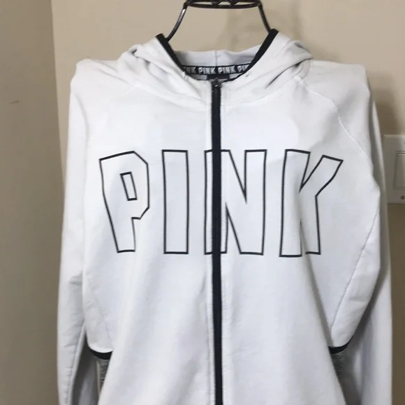 PINK Victoria’s Secret White Gray & Black Zippered Hoodie - Picture 1 of 8